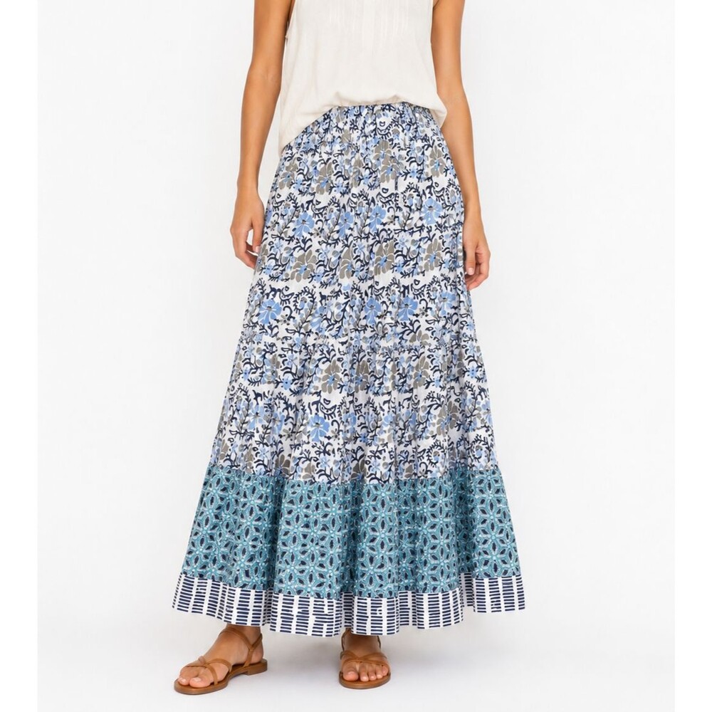 Ivy Jane Many Blues Floral Tiered Maxi Skirt Medium Cotton Boho Peasant Artisan